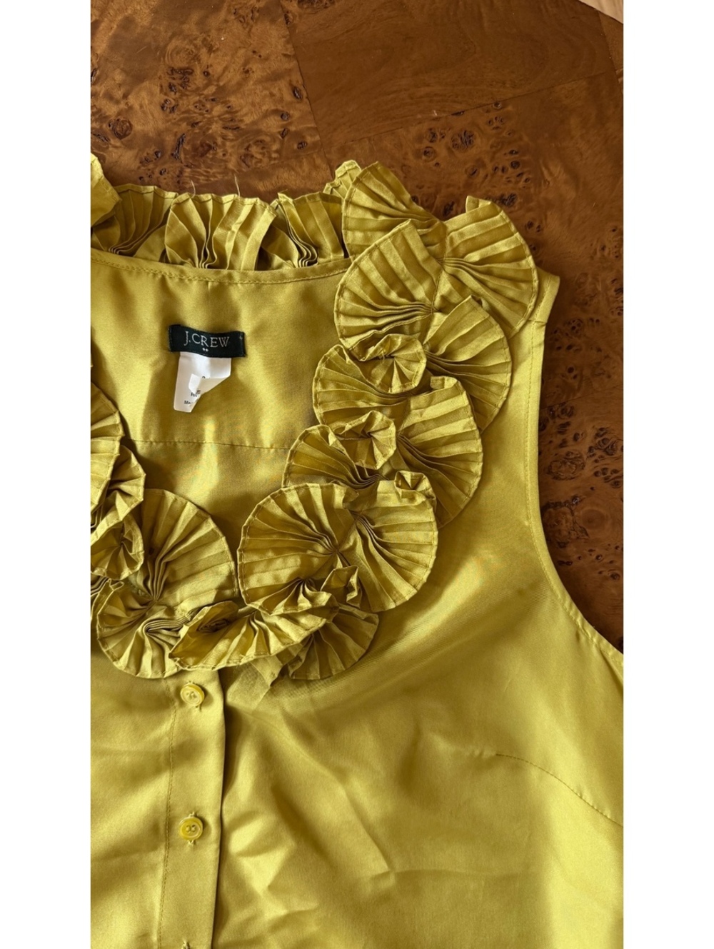 J.Crew Pure Silk Chartreuse Sleeveless Ruffle Blouse - Picture 4 of 8
